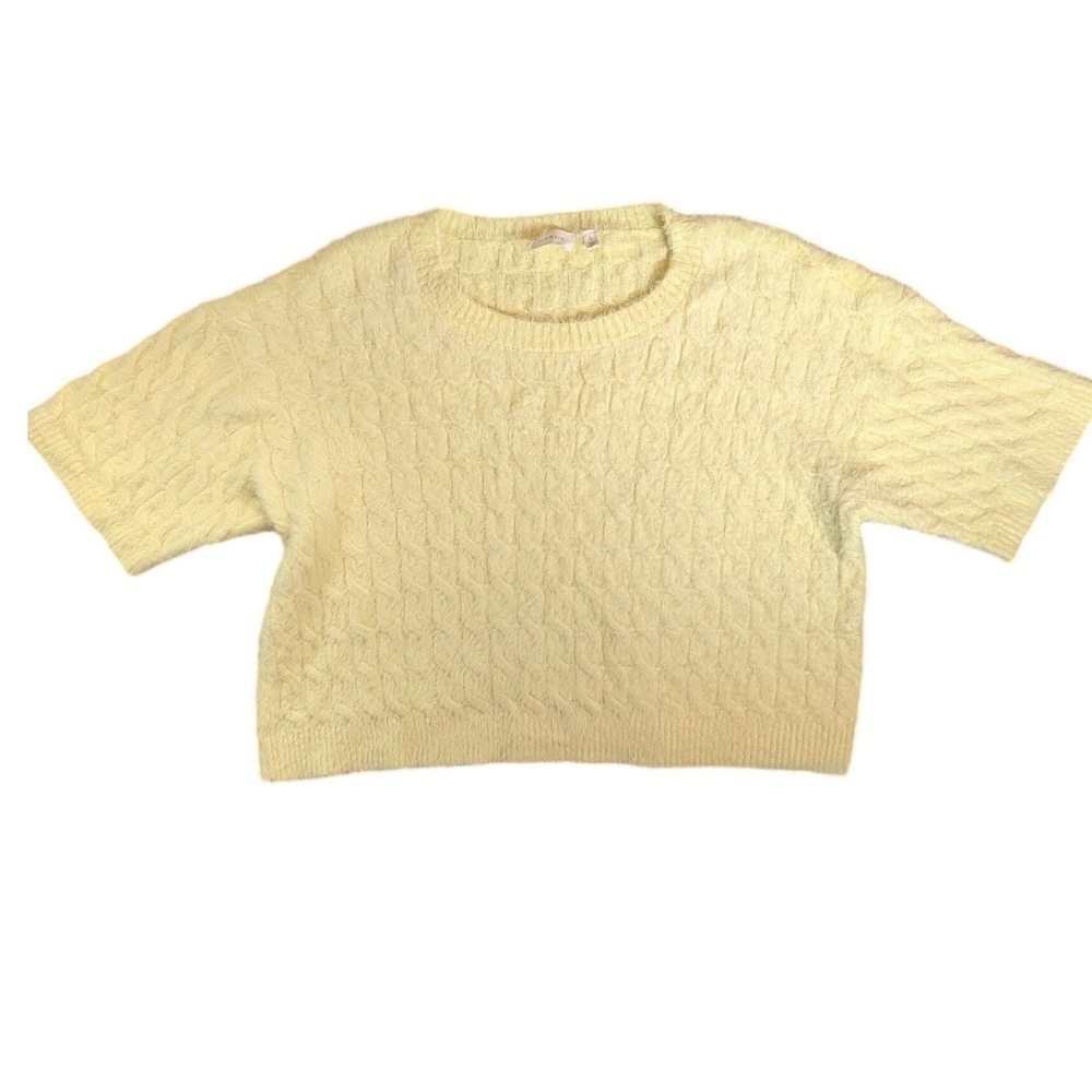 Cyrus Womens L Pastel Yellow Soft Fuzzy Cable Knit Short Sleeve Cropped Sweater